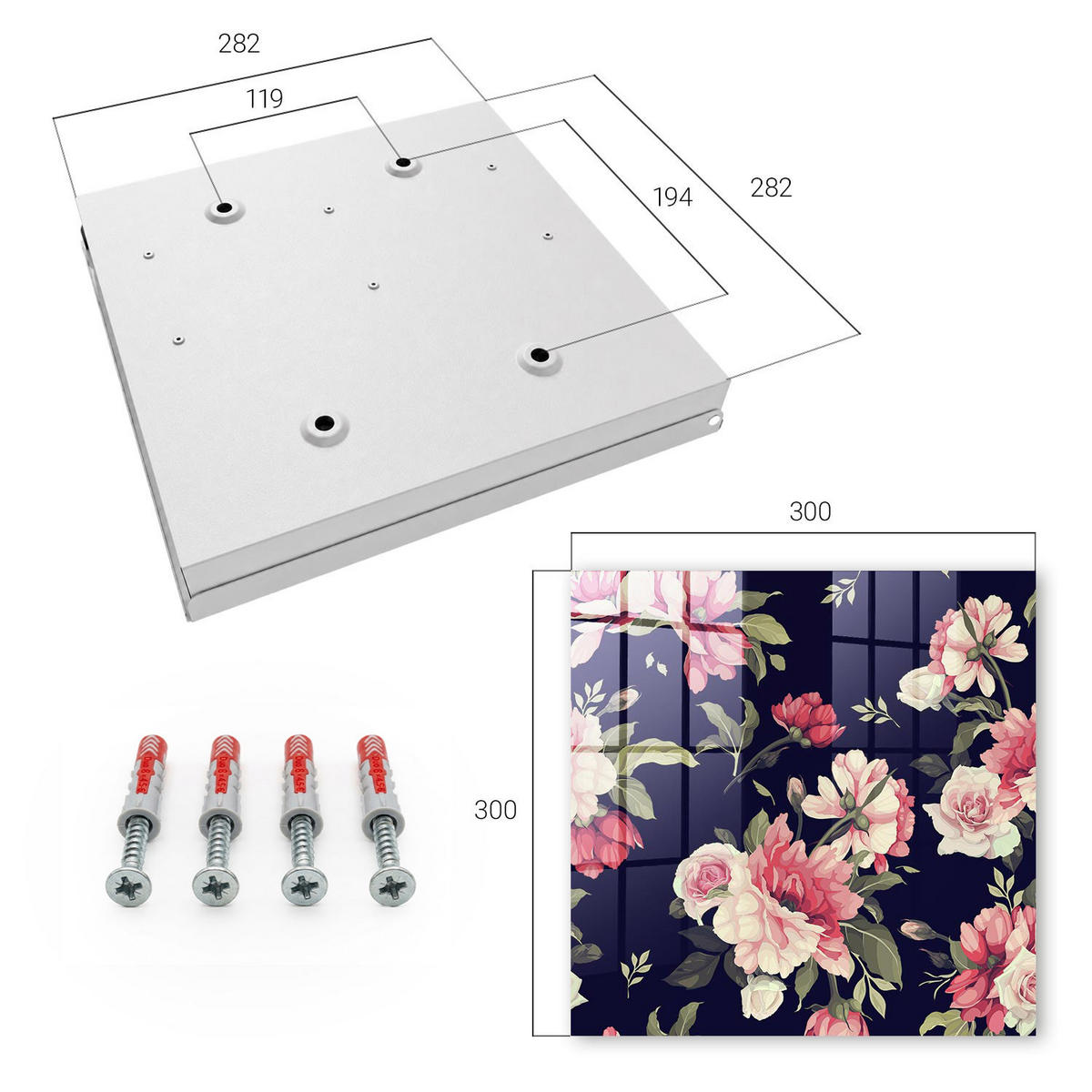 SCHLÜSSELBOX Weiß 30x30 cm – Türöffnung nach rechts - Romantische Blumen - Dunkelblau, Metall (30/30/5cm) - TULUP