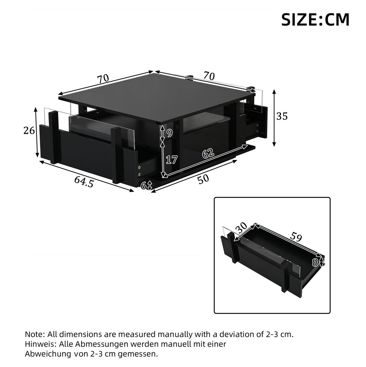 COUCHTISCH 70/70/35 cm mit 2 Schubladen, LED-Beleuchtung und Acrylabtrennung aus Spanplatte, Schwarz - Schwarz, Holzwerkstoff (70/70/35cm) - Redom