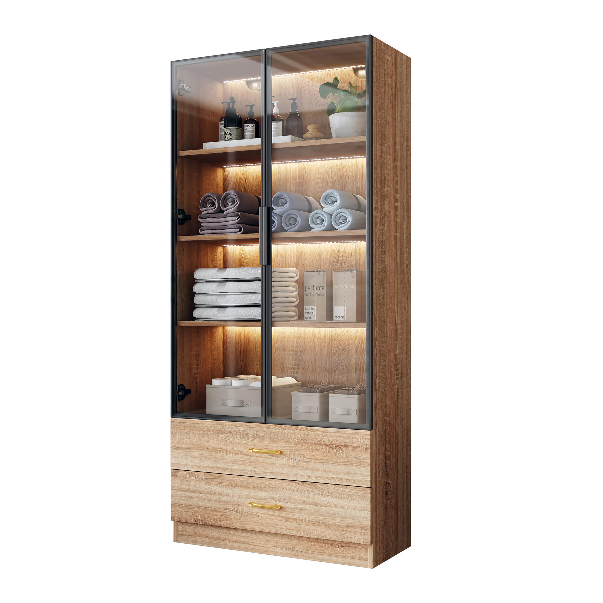 BADSCHRANK in Braun Highboard mit LED-Lichtleiste Glastür 2 große Schubladen 2 Türen , B75/T34.5/H170cm - Braun, Glas/Holzwerkstoff (75/170/34.5cm) - STILVORA
