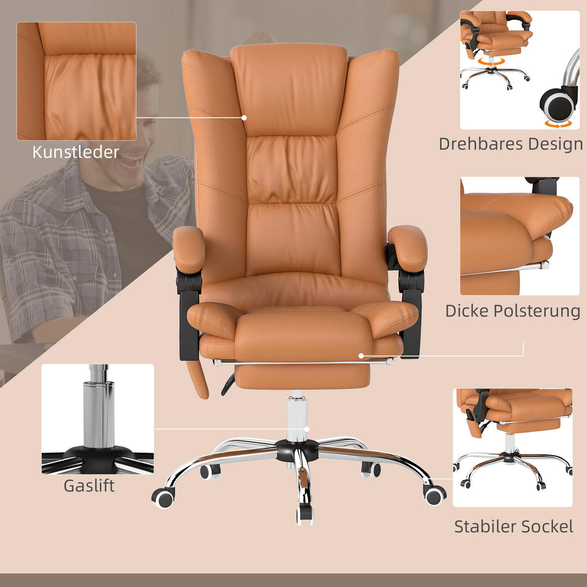 KANCELÁŘSKÁ ŽIDLE s masážní funkcí Ergonomické křeslo s vyhříváním - hnědá, plast (70/118/64cm) - Vinsetto