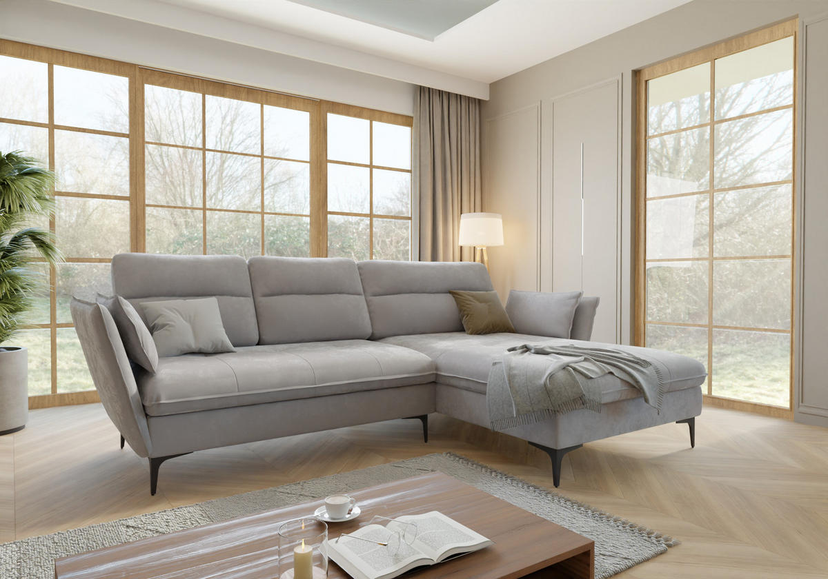 ECKSOFA Mira Hellgrau Samt-Stoff - Hellgrau/Schwarz, Textil/Metall (260/168cm) - S-Style Möbel