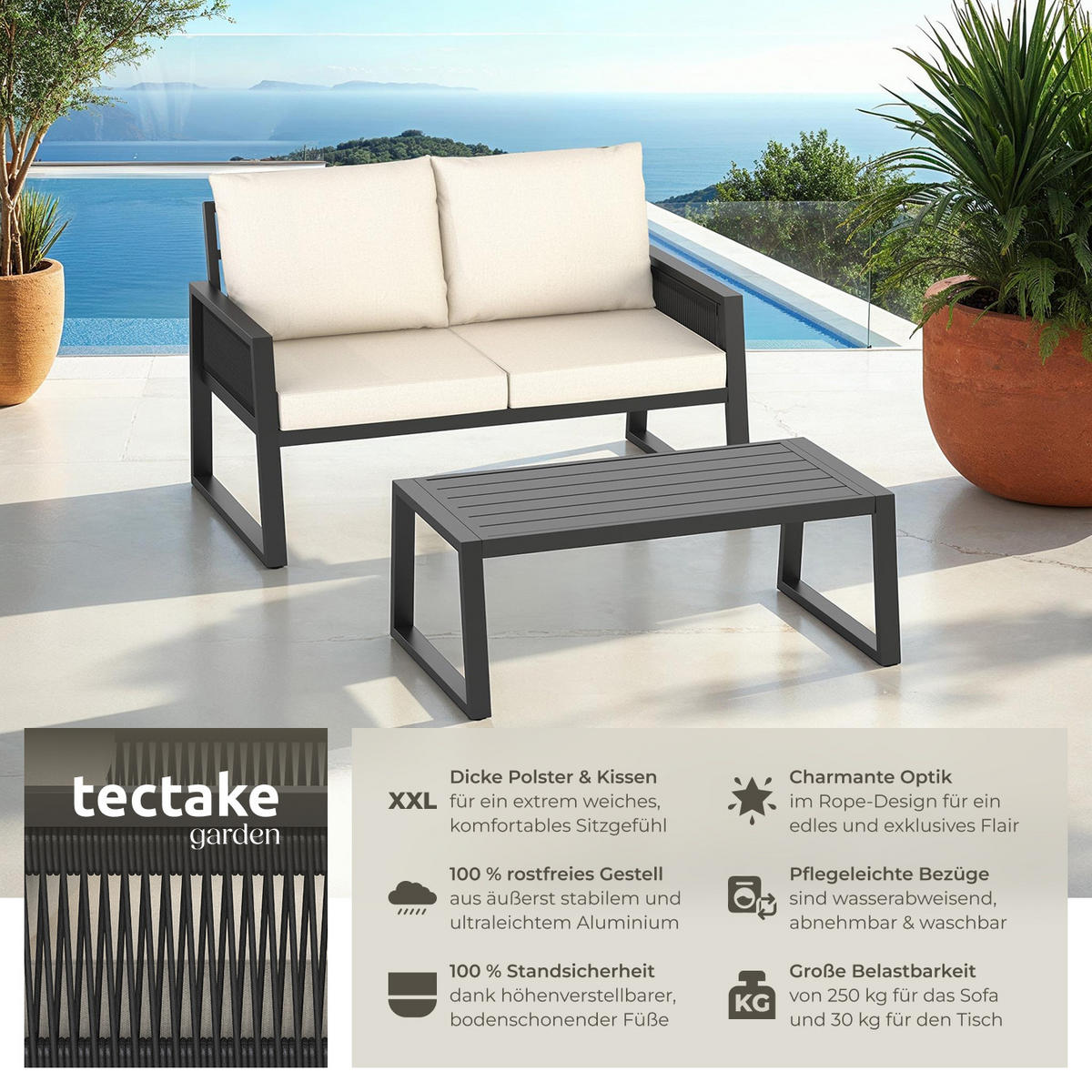 GARTENLOUNGE-SET Captive,höhenverstellbare Füße,anthrazit - Anthrazit, Kunststoff/Metall - tectake