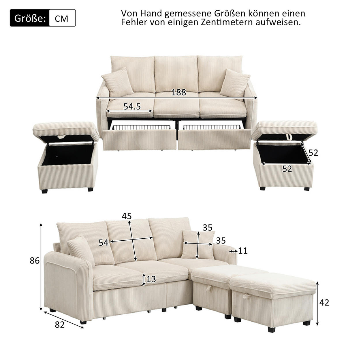 ECKSCHLAFSOFA 3-Sitzer Cord mit Stauraum und 2 Hocker Beige 188/186/86 cm - Beige, Textil (186/188cm) - Redom