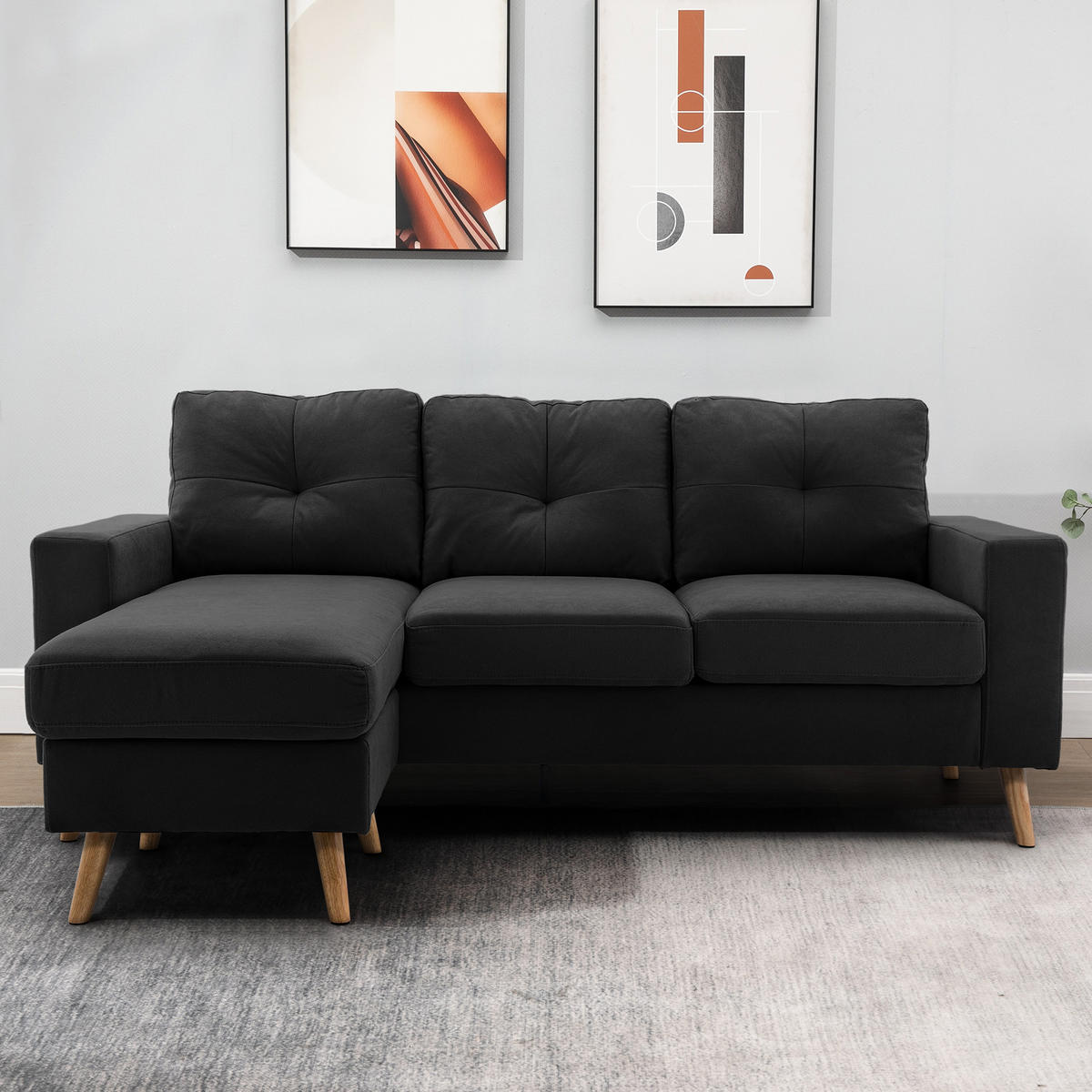 ECKSOFA Eckcouch in L-Form, Eckgarnitur in Leinenoptik Couchgarnitur Schwarz - Schwarz, Textil (136/193cm) - HOMCOM