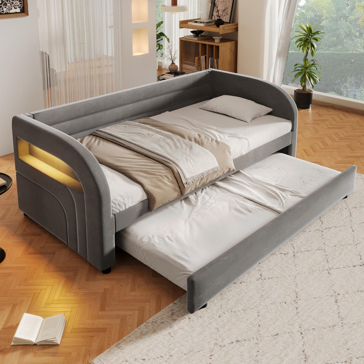 POLSTERBETT 90/200 cm in Grau Samt mit Ausziehbett und LED - Grau, Holzwerkstoff/Textil (90/200cm) - STILVORA