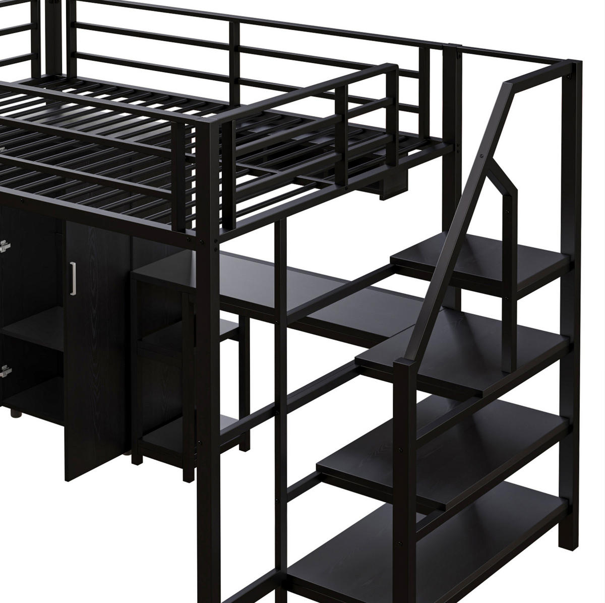 HOCHBETT 140/200 cm schwarz mit Kleiderschrank und integriertem Schreibtisch - Schwarz, Metall (140/200cm) - OKWISH