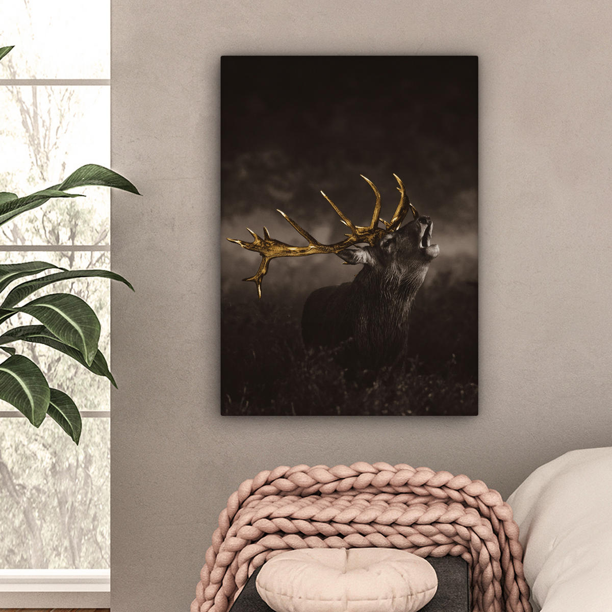 LEINWANDBILD Rotwild - Schwarz - Gold Wandbild Wohnzimmer 60x80 cm - Braun, Textil (60/80cm) - MuchoWow