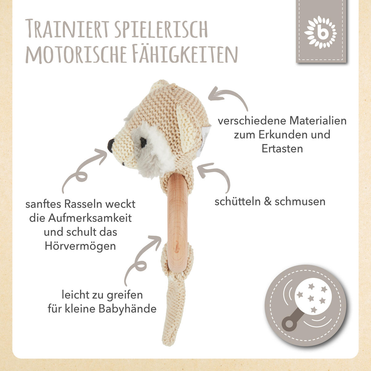 GREIFLING Holz Natur und Baumwolle mit R - Beige, Textil (9/20cm) - Bieco Spielwaren