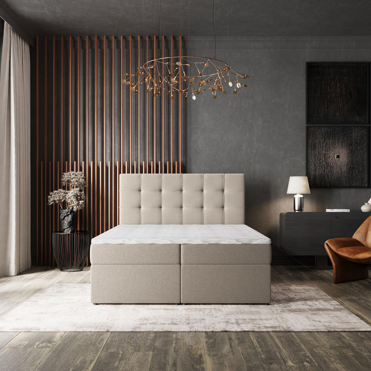 BOXBETT PALMA 140x200 cm mit Matratze und Topper, H2+H3 - Beige - Beige, Holz (140/200cm) - MASSENO