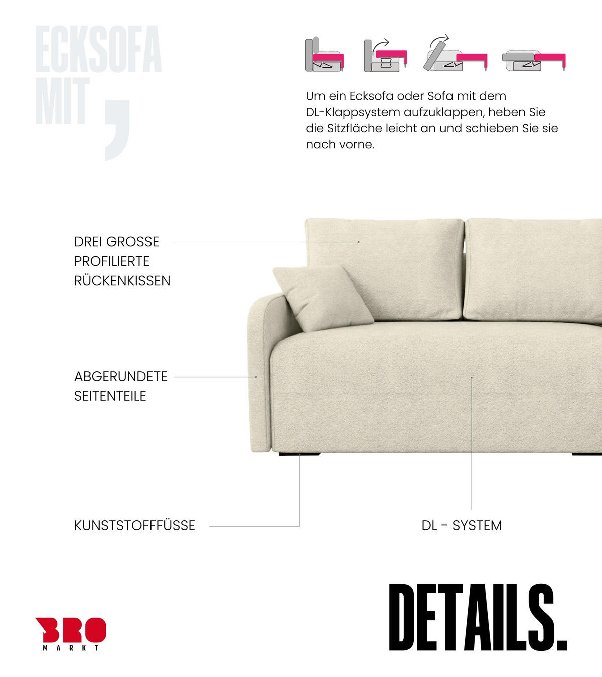 ECKSOFA Malen mit Schlaffunktion Beige Bouclé - Ecru, Textil (215/141cm) - Bromarkt