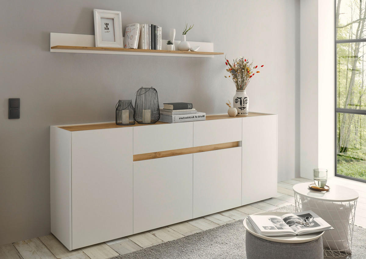 SIDEBOARD weiß, Eiche Wotan 220 cm, Kommode mit 8 Fächern - Eiche Wotan/Schwarz, Holz/Holzwerkstoff (220/87/40cm) - Furn.Design