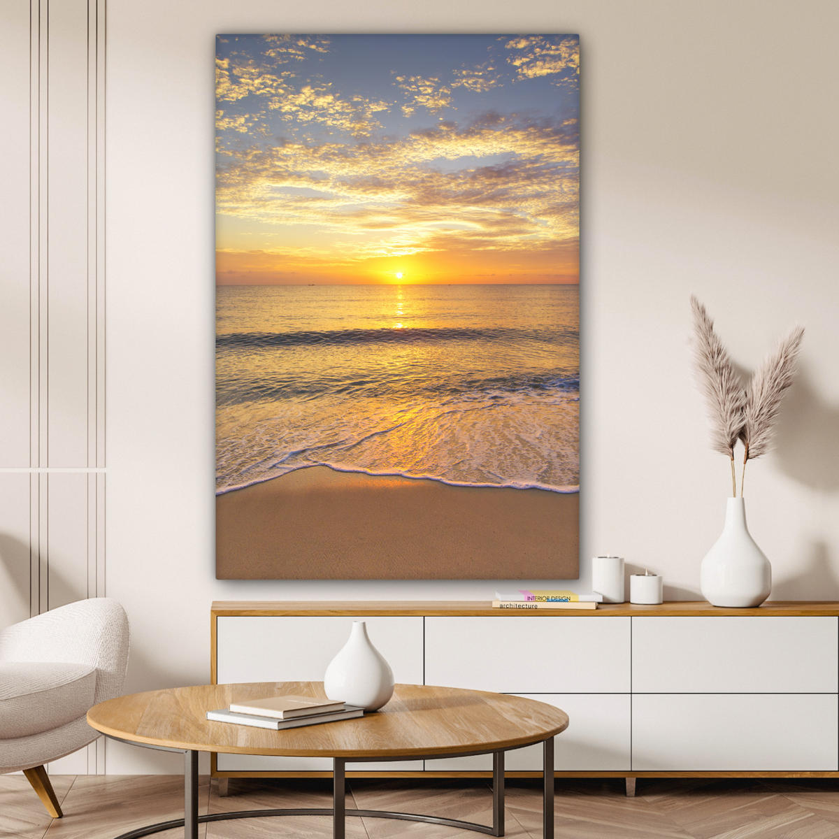 LEINWANDBILD Strand - Sonnenuntergang - Meer Deko XXL 80x120 cm - Gelb, Textil (80/120cm) - MuchoWow