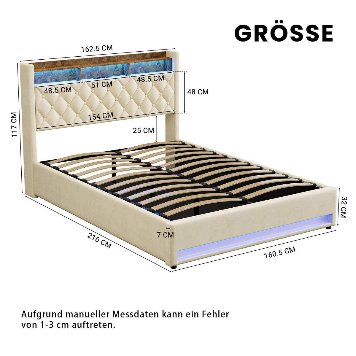 POLSTERBETT 160/200 cm Beige mit LED-Lichtleiste und USB-Anschlüssen - Beige, Holzwerkstoff (160/200cm) - OKWISH