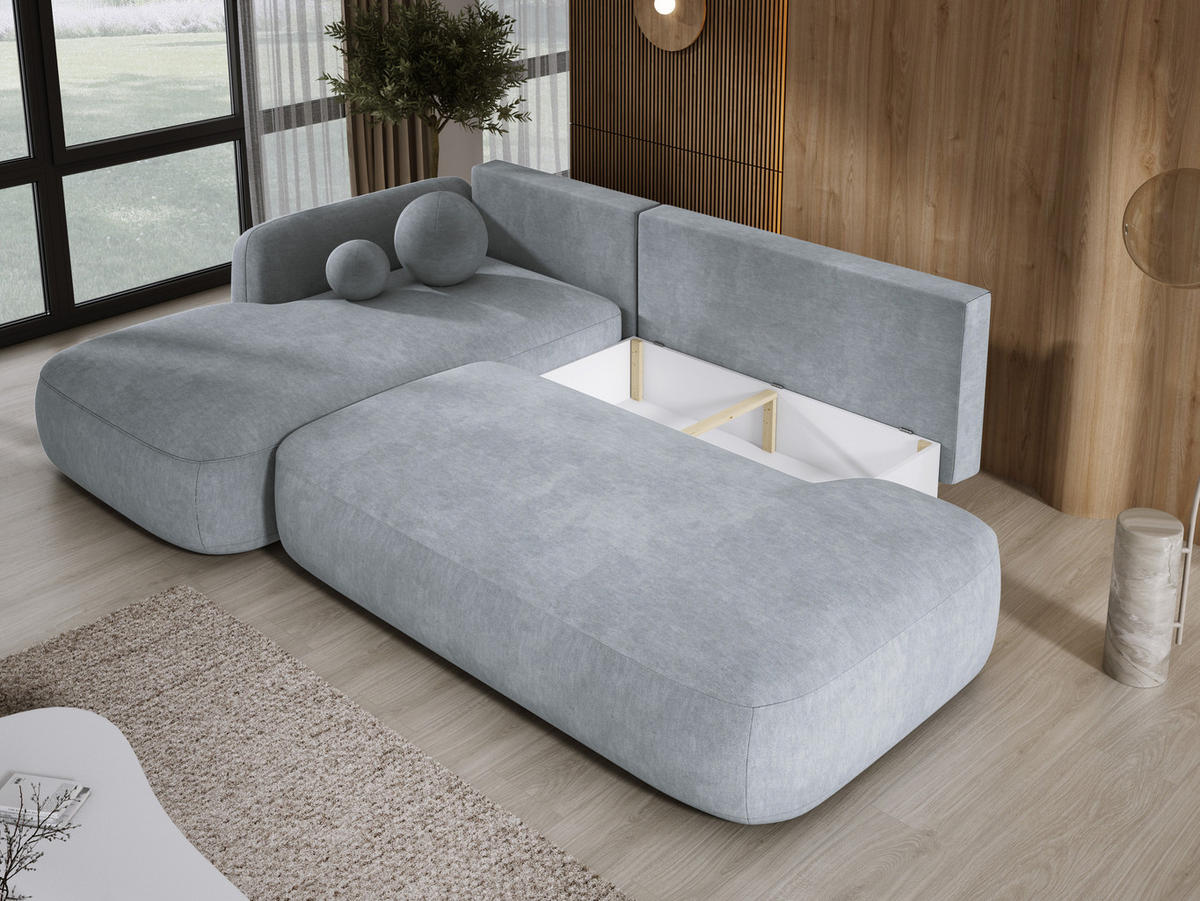 ECKSOFA BABU Mit Bettfunktion – Moderne Polsterecke Für Wohnzimmer Funktionales Schlafsofa Im Stoff CLOUD, 300x105x60cm, Linke, Hellgrau - Hellgrau, Holz/Textil (190/300cm) - DomoHome