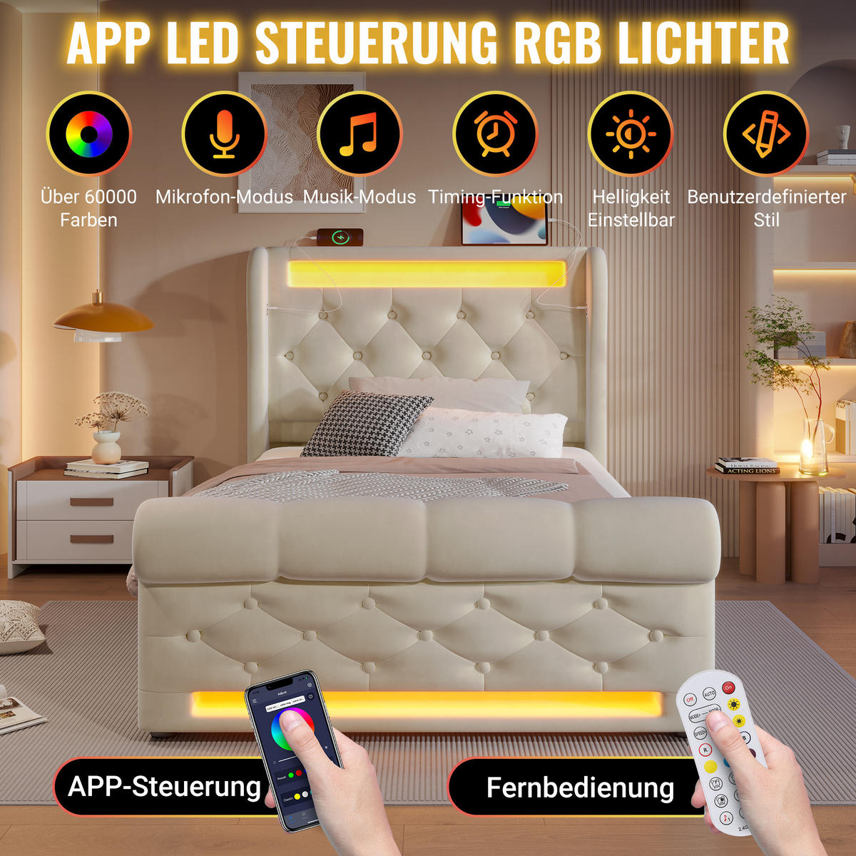 POLSTER EINZELBETT 90x200cm mit LED USB-C & Hydraulik Stauraum Beige - Beige, Holz (90/200cm) - FLIEKS