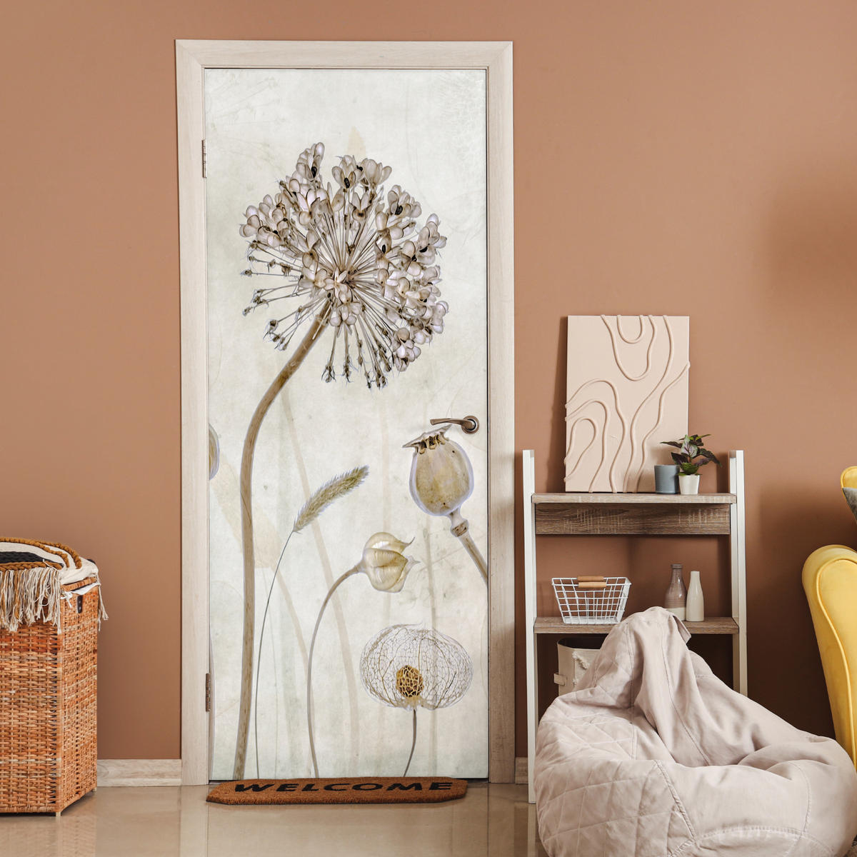NÁLEPKA NA DVERE Kvety - Akvarel - Zátišie - Hnedá - Vintage 80x215 cm - écru, plast (80/0.1cm) - MuchoWow