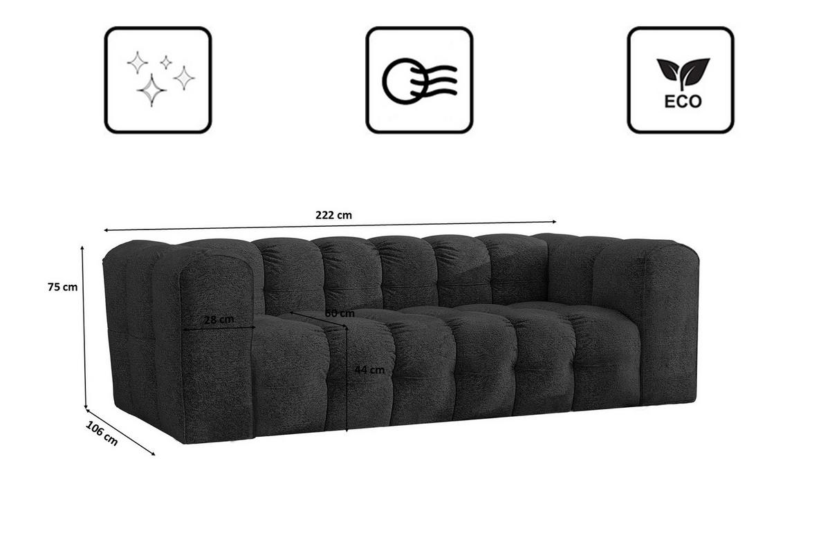 SOFA 3-Sitzer, Komfort, BALOO, Stoff Schenille & Bouclé, Graphit - Graphitfarben, Holz (222/75/106cm) - Kaiser Möbel