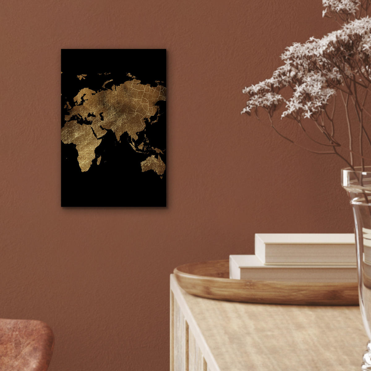 KOVOVÝ OBRAZ Mapa sveta - Zlato - Luxus - Zem - Čierna 20x30 cm - zlatá, kov (20/30cm) - MuchoWow