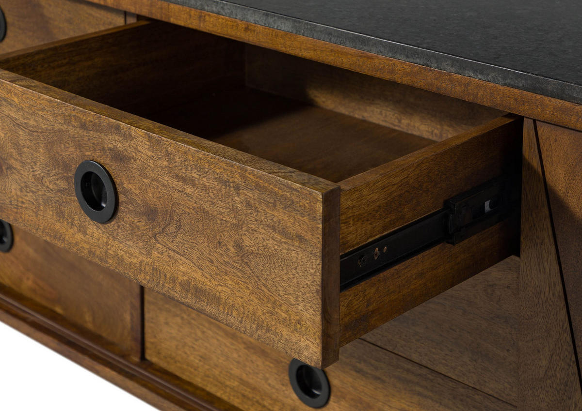 SIDEBOARD Mango 200x45x65 braun geölt / dunkler Granit LOS ANGELES #113 - Braun, Holz (200/65/45cm) - Massivmoebel24