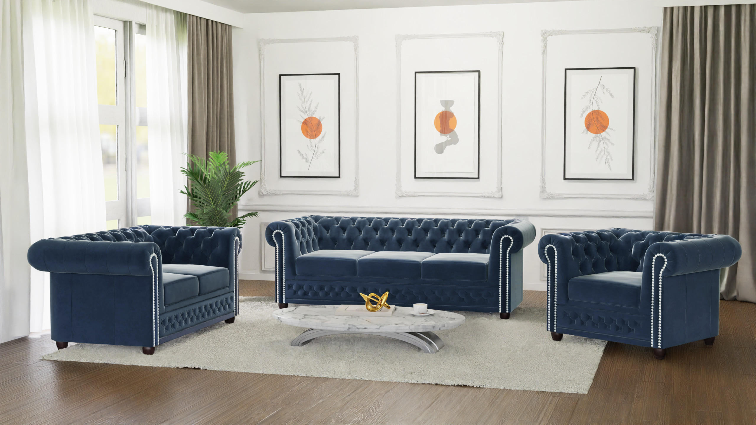 SITZGARNITUR mit Schlaffunktion 3+2+1 Chesterfield Nyx Marineblau Samt - Dunkelblau/Braun, Holz/Textil (203/72/86cm) - S-Style Möbel