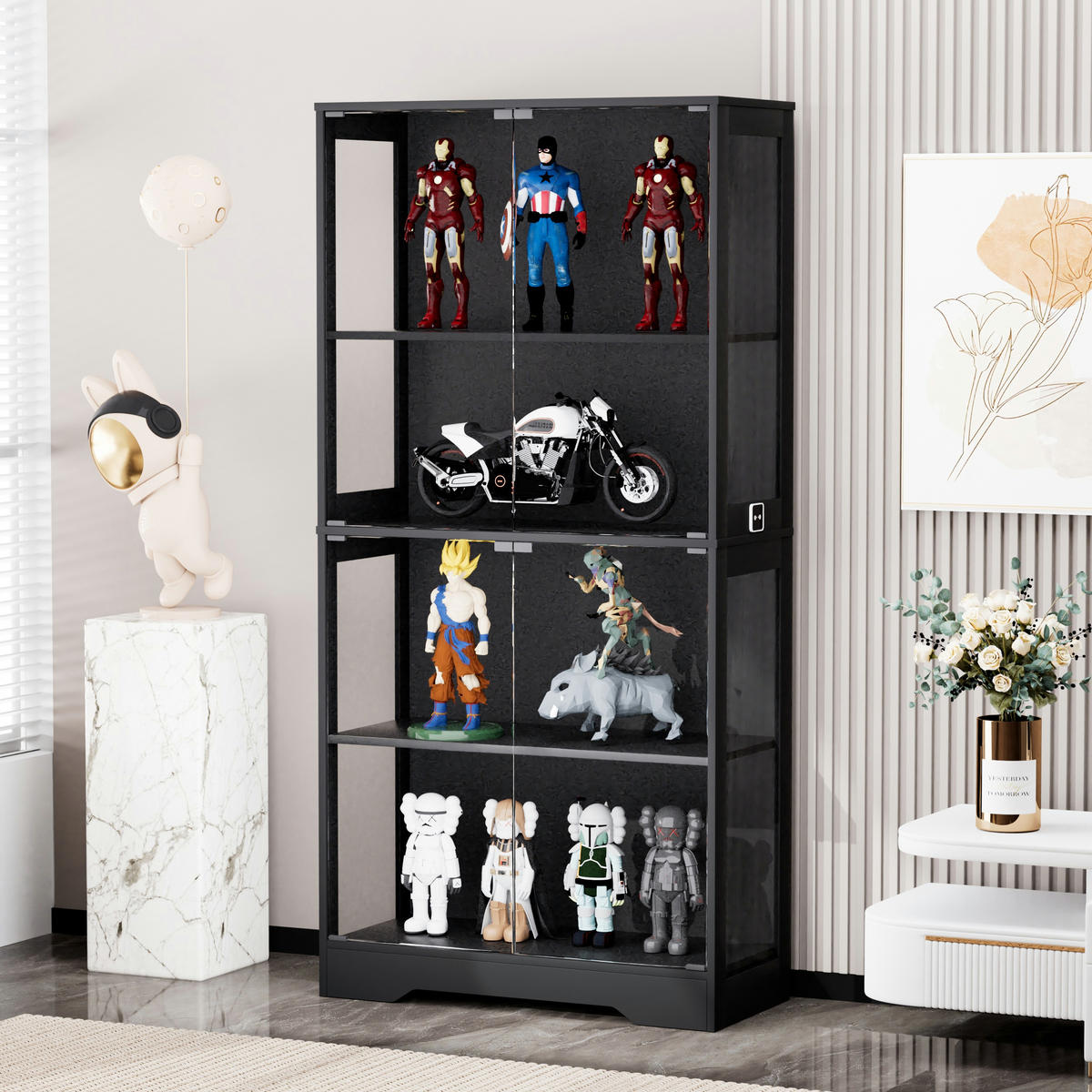VITRINE in Schwarz 4-stöckige Glasvitrine LED staubdicht Stauraum WZ/SZ/Büro B80/T35/H180cm - Schwarz, Glas/Holzwerkstoff (80/165/35cm) - STILVORA