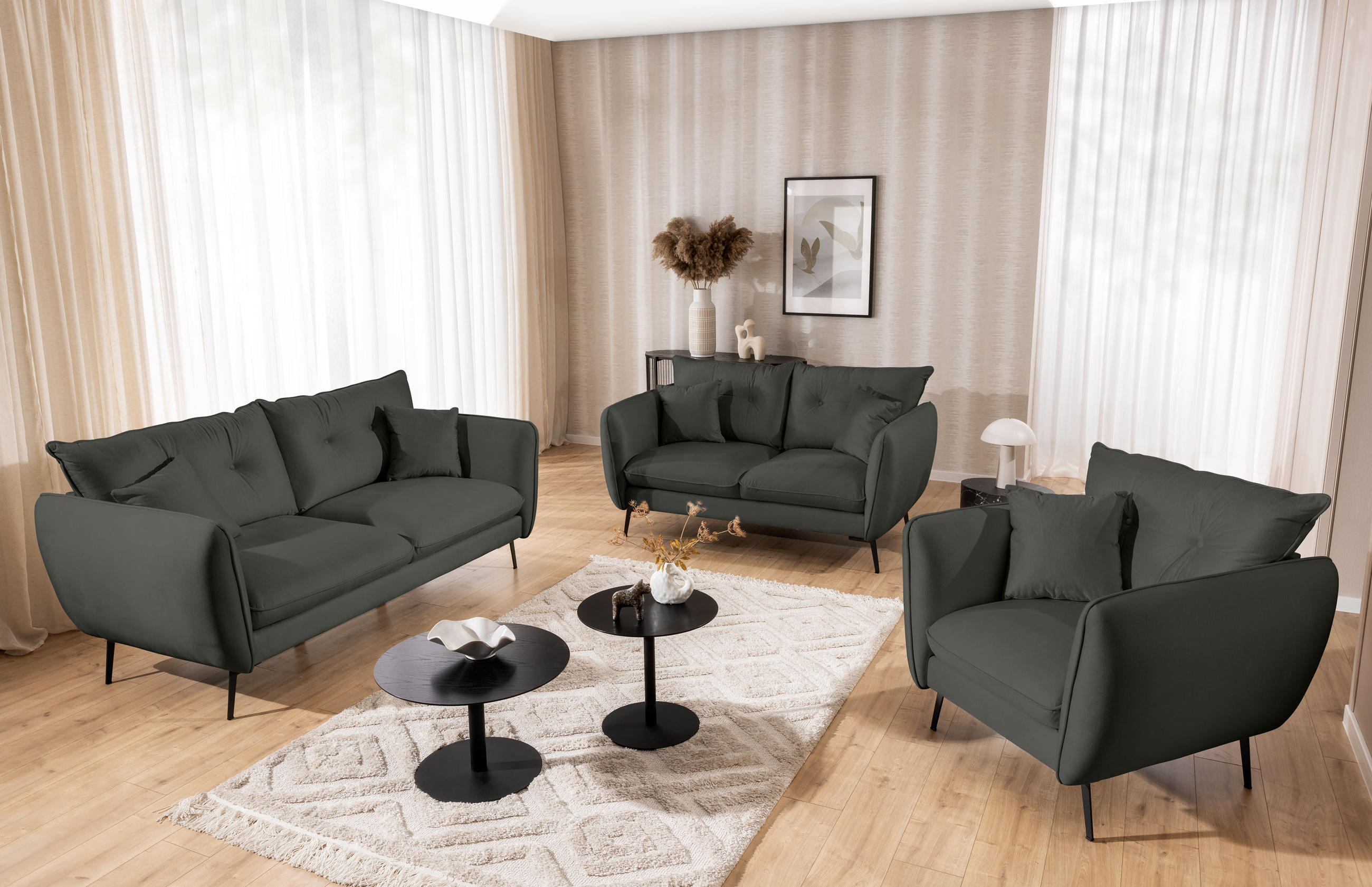 SITZGARNITUR 3+2+1 Nordloft Dunkelgrau Samt - Dunkelgrau/Schwarz, Holz/Textil (204/86/100cm) - S-Style Möbel