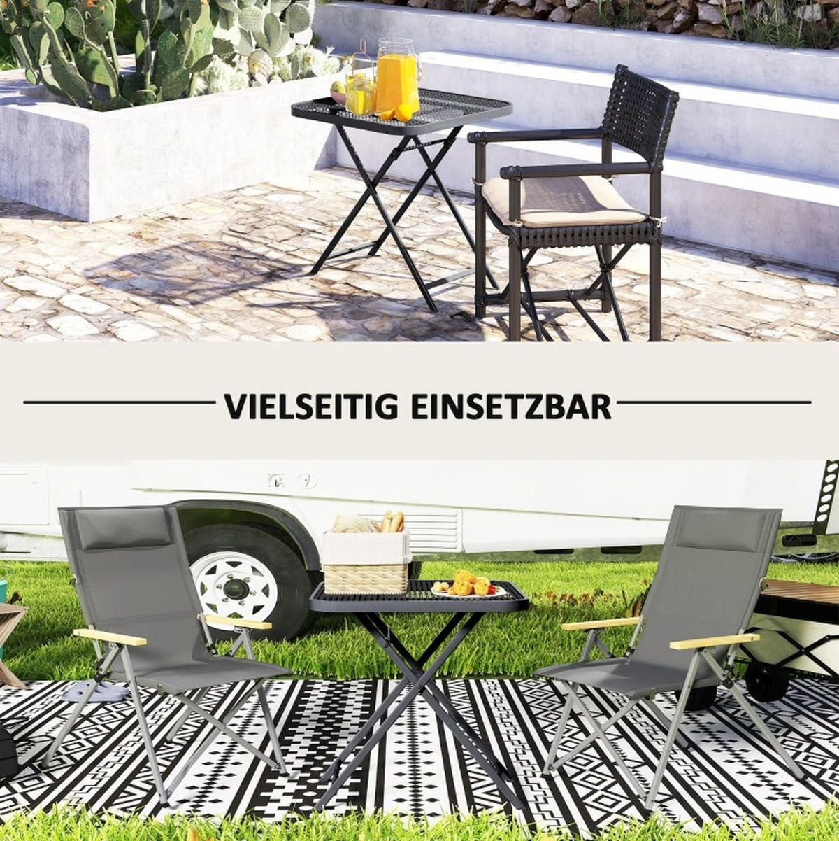 ZAHRADNÍ stůl 70/70 cm černý z oceli skládací s mřížkovým designem - černá, kov (70/70/72cm) - OKWISH