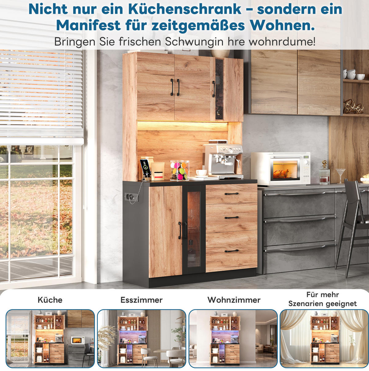 BUFFET 105/40/180 cm neutral aus MDF mit LED - Naturfarben, Holzwerkstoff (105/180/40cm) - OKWISH