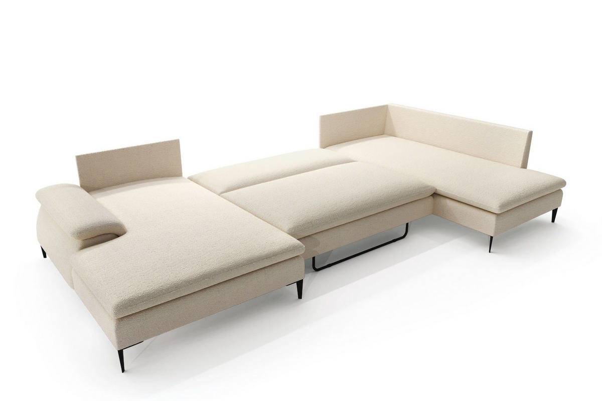 WOHNLANDSCHAFT BREZZA Beige Plüsch-Stoff mit Schlaffunktion - Beige, Holz (350/87/205cm) - MASSENO