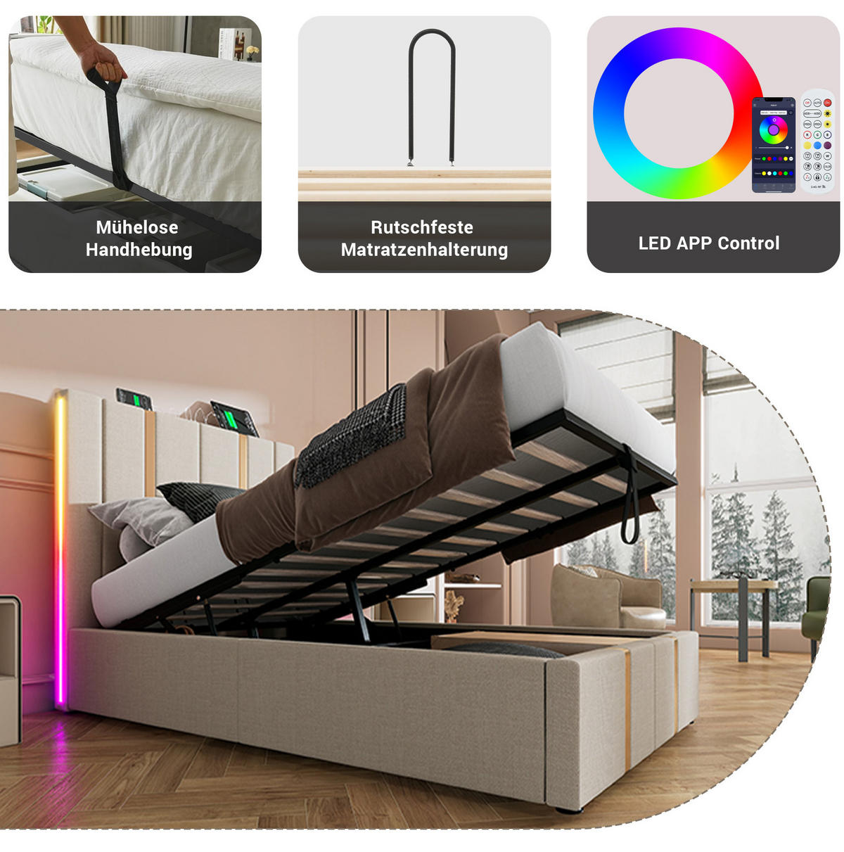 POLSTERBETT 90/200 cm Beige aus Leinen mit LED und USB-/Typ-C-Ladefunktion - Beige, Textil (90/200cm) - OKMYHOME