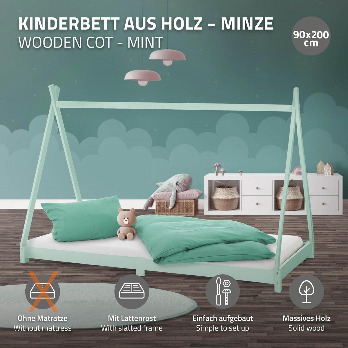 KINDERBETT Tipi 90x200 cm Mint - Grün, Holz (90/200cm) - ML-DESIGN