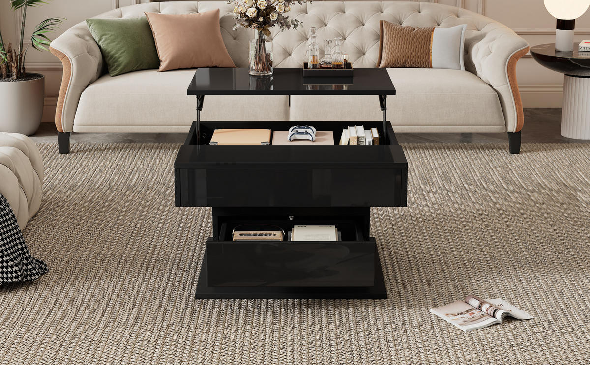 COUCHTISCH, drehbare Liftplatte, Hochglanz Schwarz, 1 Schublade & Stauraum, 70/70/45–59 cm,Schwarz - Schwarz, Holzwerkstoff (70/70/45cm) - Redom
