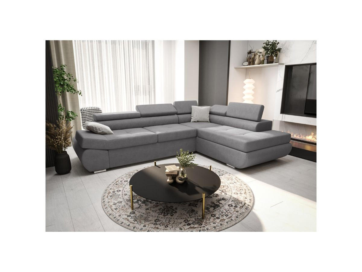 ECKSOFA KONGO RBN03, Eckcouch in L-Form mit Schlaffunktion, Farbe: Grau, Velourstoff, Ottomane Rechts - Grau, Textil (280/200cm) - O-Sofa