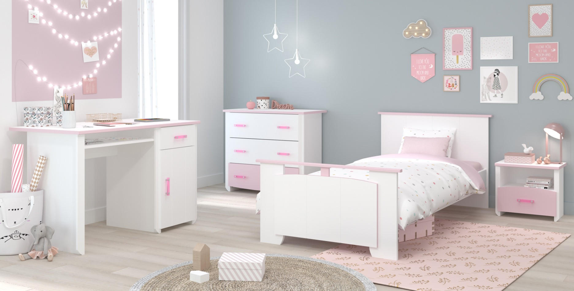 KINDERZIMMER Set 4-tlg Kommode Schreibtisch Bett 90 x 200 cm - Weiß/Rosa, Holz/Holzwerkstoff (90/79/200cm) - Parisot Meuble