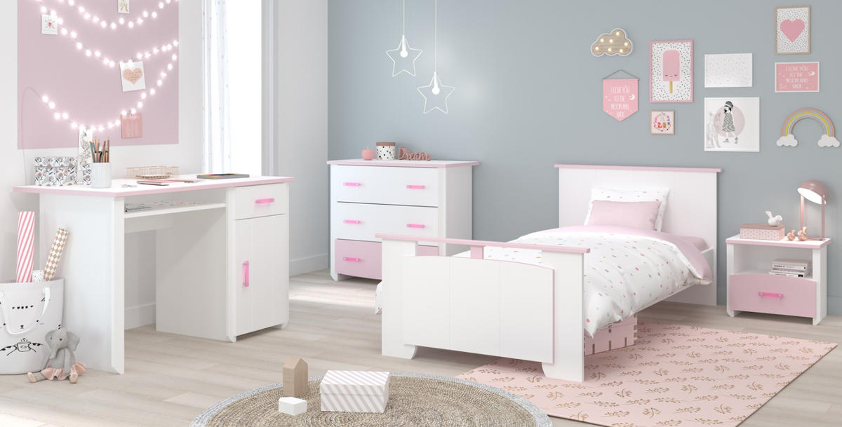 KINDERZIMMER Set 4-tlg Kommode Schreibtisch Bett 90 x 200 cm - Weiß/Rosa, Holz/Holzwerkstoff (90/79/200cm) - Parisot Meuble