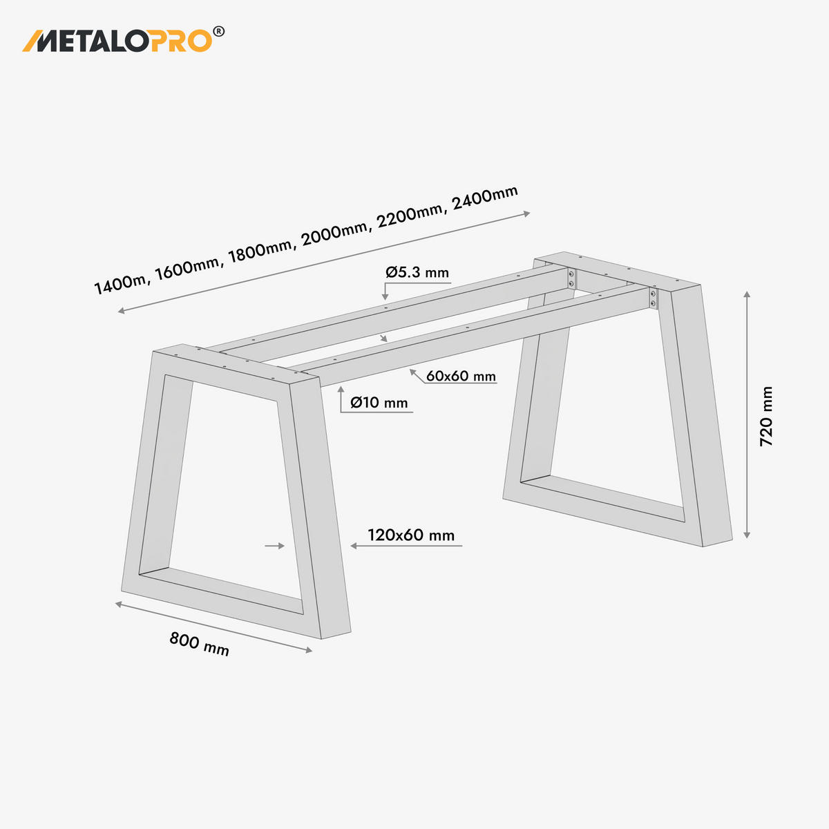 TISCHBEINE Nemesis Extreme Schwarz Metall 200/80/72 cm - Schwarz, Metall (80/72/200cm) - Metalo Pro