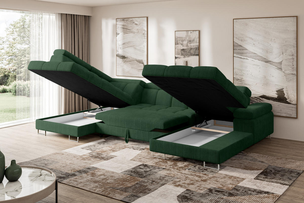WOHNLANDSCHAFT mit Schlaffunktion und Bettkasten Ottomane Links COMA U 345x203x79 Grün Cord - Waldgrün, Holzwerkstoff/Textil (345/79/203cm) - ALTDECOR