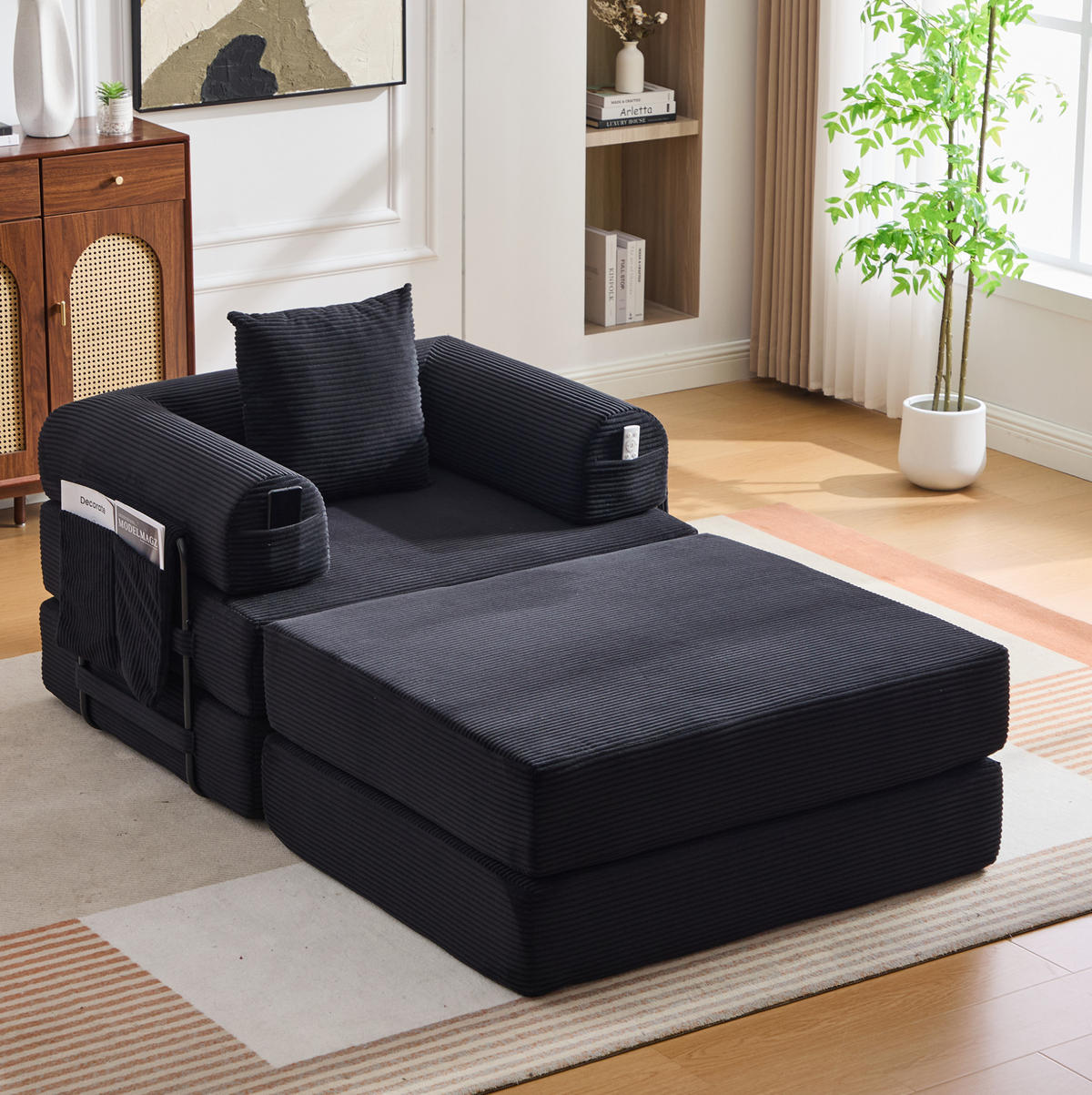 SESSEL mit Hocker 112/190/67 cm frei kombinierbar, Cordbezug, ergonomisch und montagefrei, Schwarz - Schwarz, Textil (190/67/112cm) - Redom