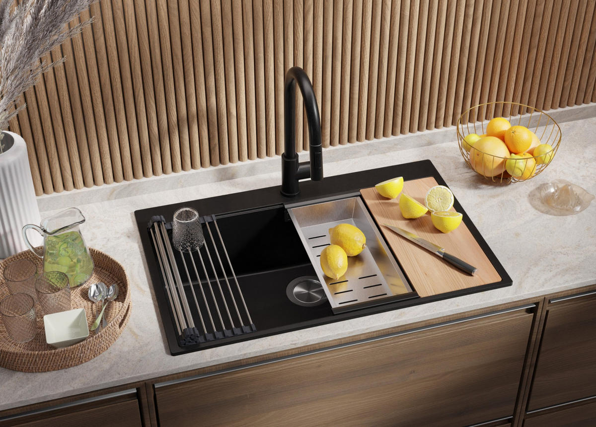 GRANITSPÜLE Oslo, 2-er set Alles Schwarz 78/50 cm 1 Becken + Küchenarmatur 32/20 cm + Ablauf-Set + Schneidebrett ab 80er Unterschrank - Schwarz, Kunststoff (78/20/50cm) - Primagran