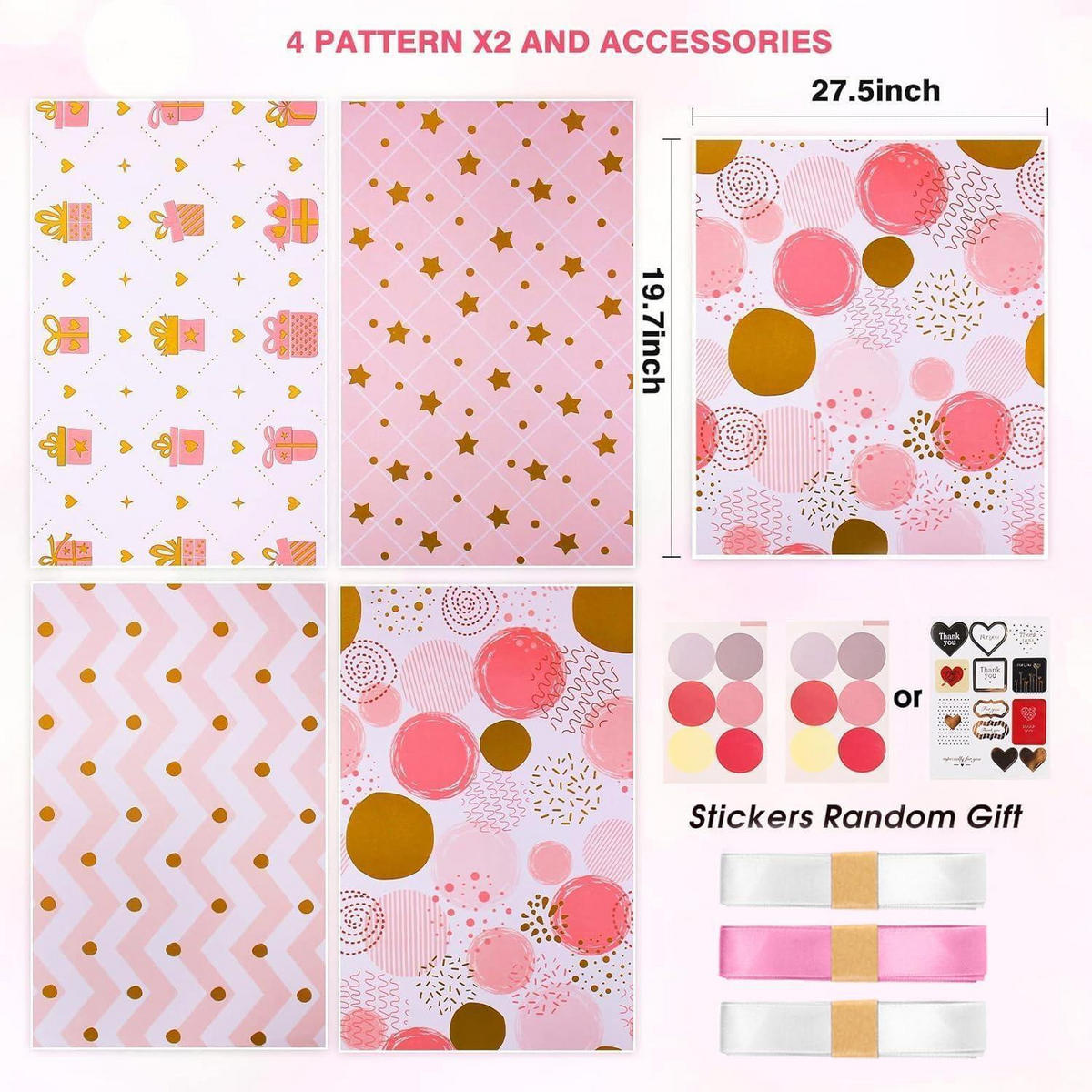 GESCHENKPAPIER Set 6-teilig mit Bändern und Aufklebern Rosa/Gold - Multicolor, Papier (22/0.5/25cm)