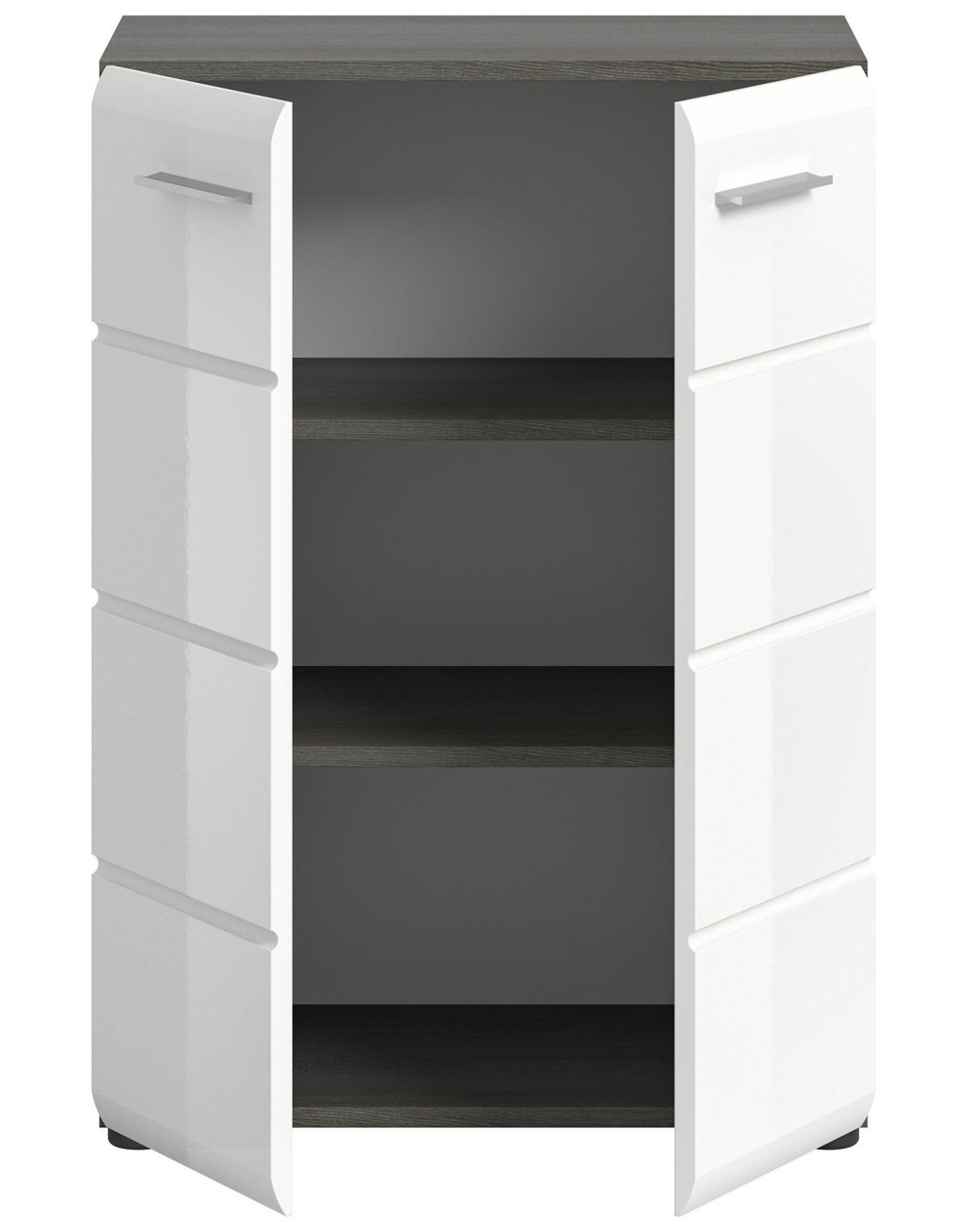 KOMMODE weiß Hochglanz, grau 60 cm, Sideboard mit Rillenoptik - Weiß Hochglanz/Silberfarben, Holzwerkstoff/Kunststoff (60/85/37cm) - Inn.Furn