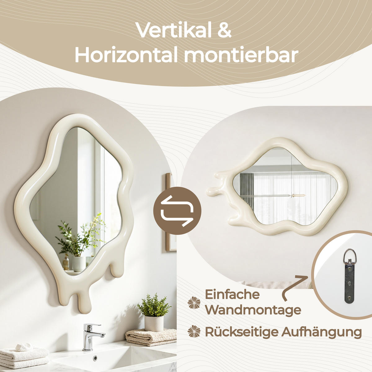 ASYMMETRISCHER Spiegel mit Holzrahmen 75×50 cm - Creme, Glas/Holz (50/3.5/75cm)