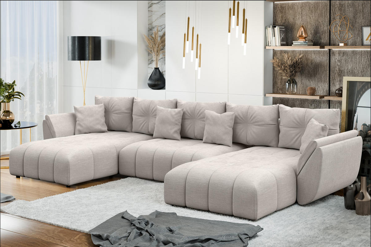 WOHNLANDSCHAFT Antalya Beige 382/190/91 cm – Sofa mit Bettfunktion - Beige/Schwarz, Kunststoff/Textil (382/91/190cm) - AX Living