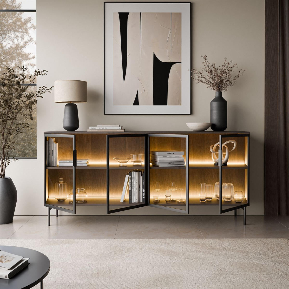 SIDEBOARD LINEA LOFT mit Glasfronten und LED-Beleuchtung Eiche + Schwarz - Eichefarben, Holzwerkstoff (181/83/39cm) - Lookway