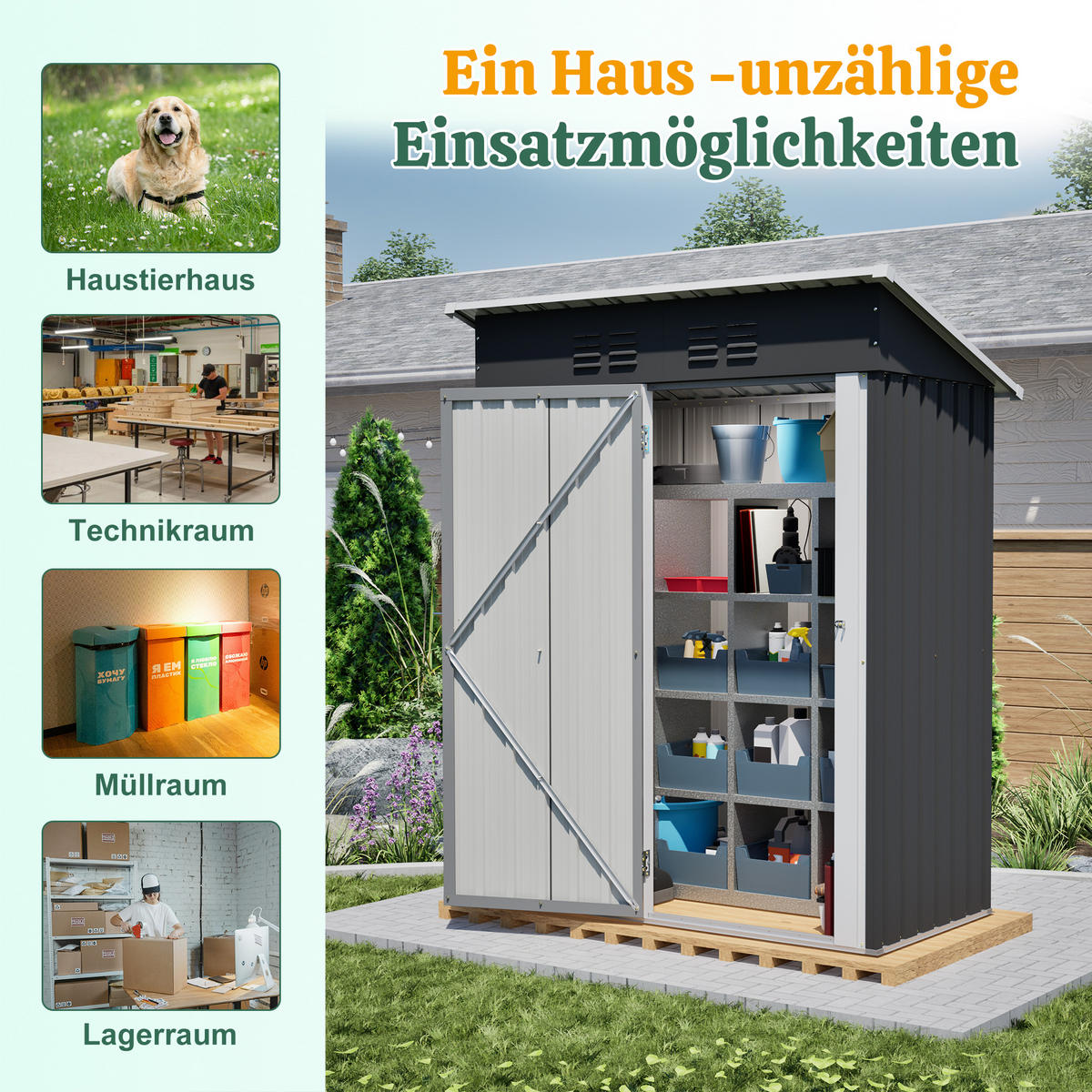 GERÄTESCHUPPEN FLACHDACH 152x84x182 cm Schwarz - Schwarz, Metall (83.6/182/152.2cm) - ComfortXL