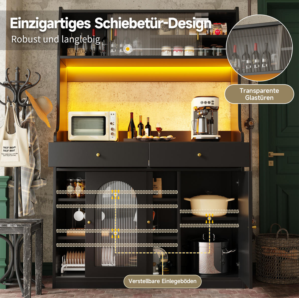 ANRICHTE Hochschrank 120/40/180 cm aus MDF und Holzwerkstoff mit LED-Beleuchtung Schwarz - Schwarz, Holzwerkstoff (120/180/40cm) - Modenvie
