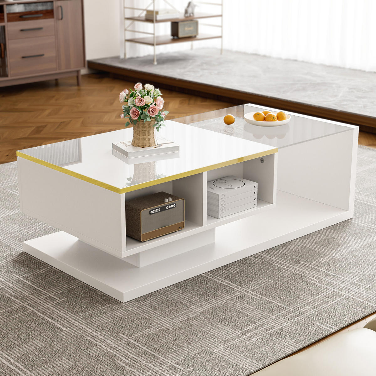 COUCHTISCH Weiß mit verstellbarer LED und Glasplatte - Weiß, Metall (100/50/32cm)