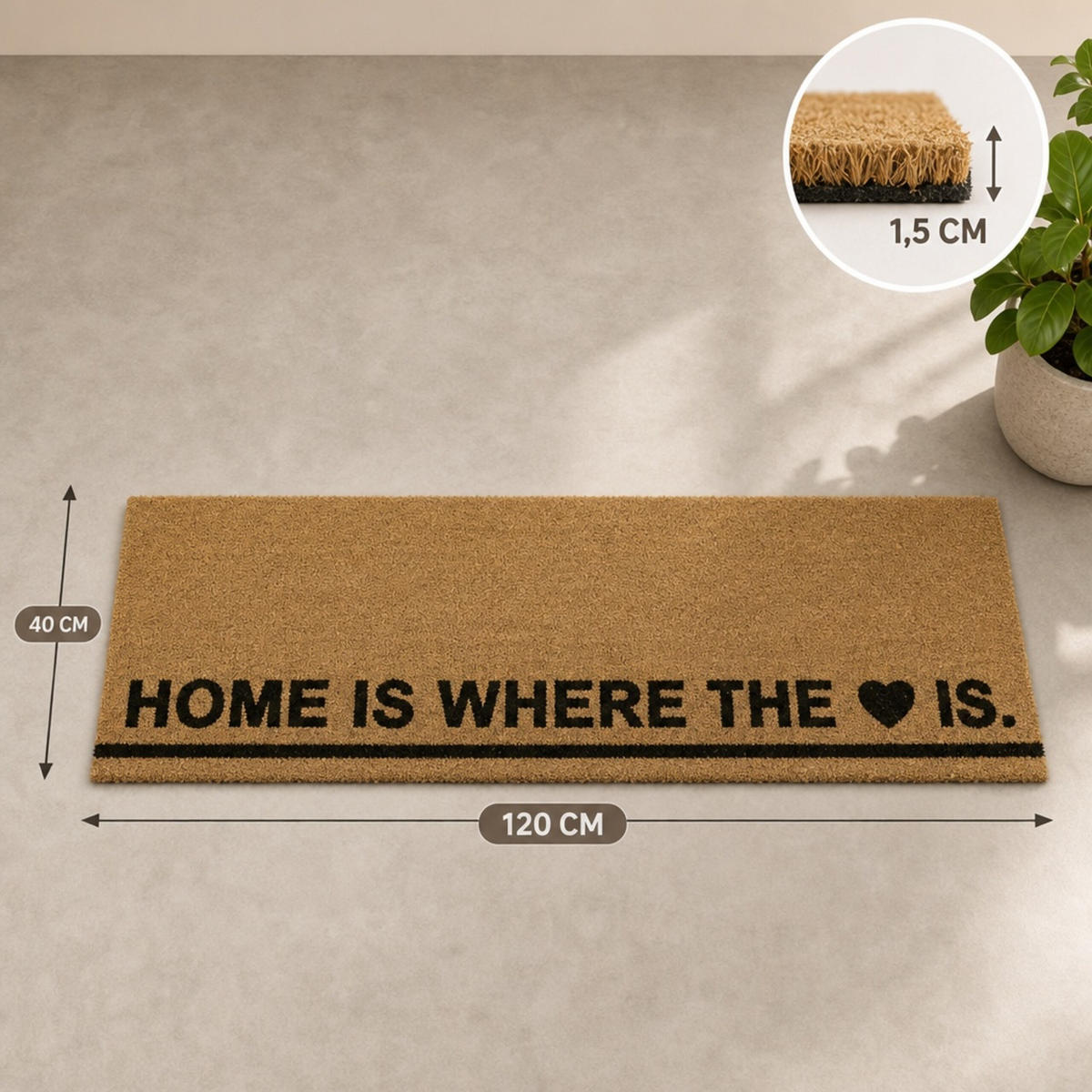 ROHOŽKA Přírodní kokos HOME IS WHERE THE HEART IS 120x40 cm - světle hnědá, textil/plast (120/40cm) - Relaxdays