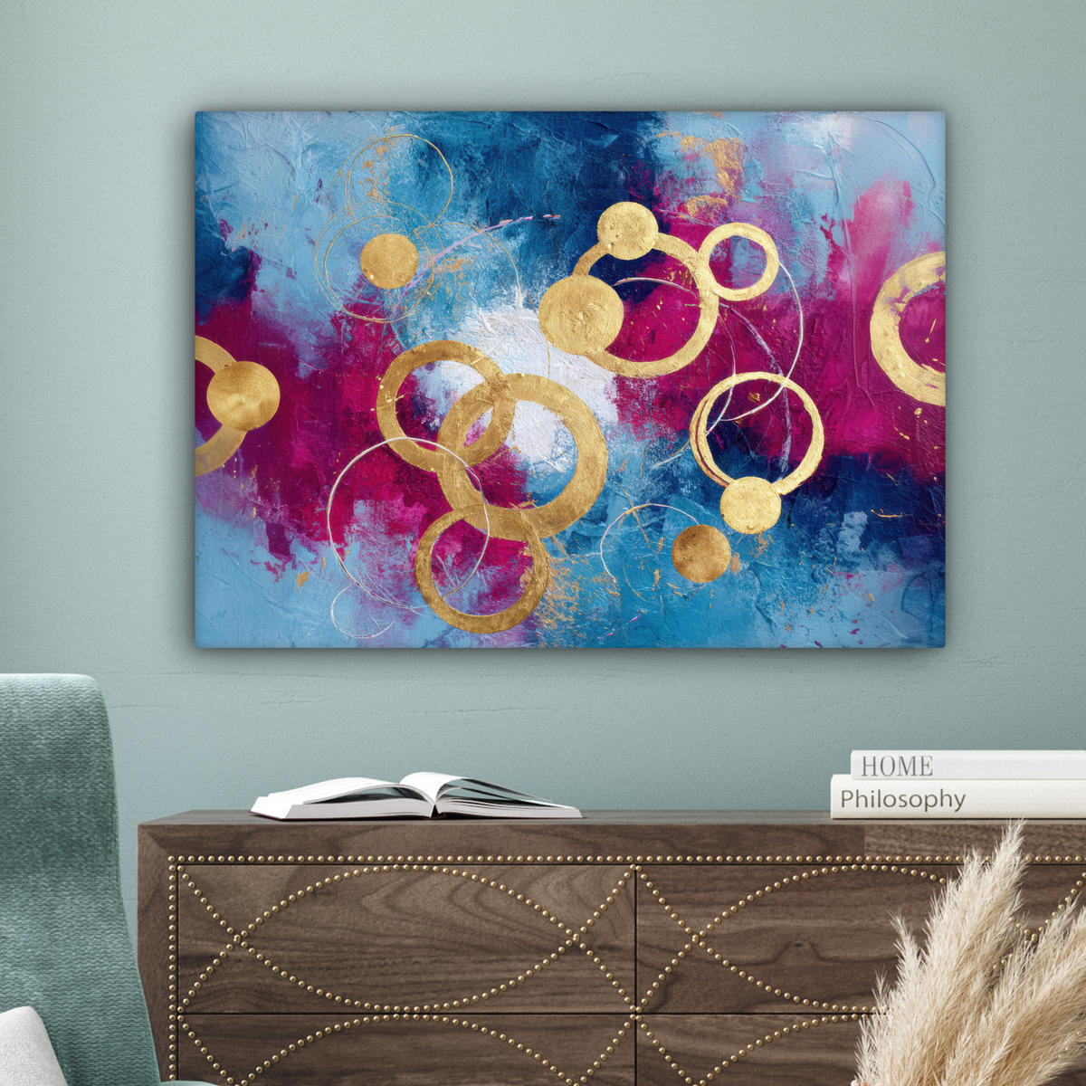 LEINWANDBILD Kreise - Gold - Abstrakt Wandbilder 80x60 cm - Blau, Textil (80/60cm) - MuchoWow