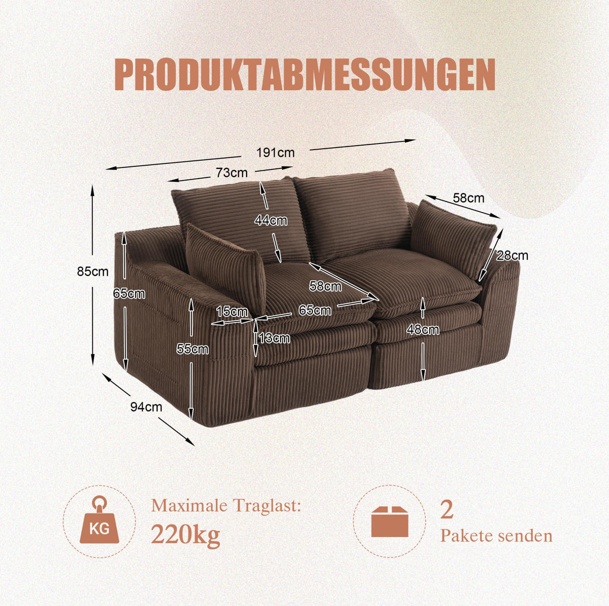 2-SITZER Sofa aus Cord 191x94x85 cm Braun mit Seitentaschen, Kissen und Federkern für hohen Sitzkomfort - Braun, Textil (191/85/94cm) - Modfu